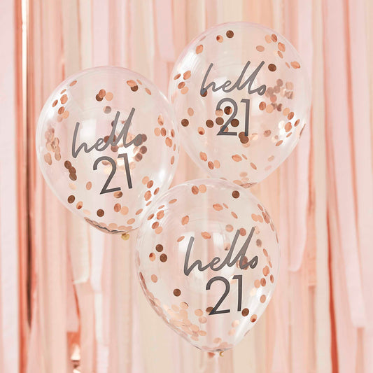 Hello 21 rosé gouden confetti ballonnen