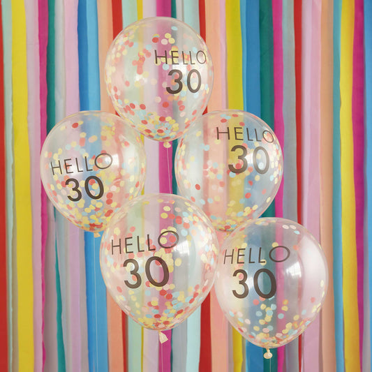 Hello 30 regenboog confetti ballonnen