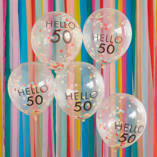 Hello 50 regenboog confetti ballonnen