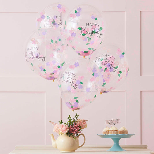 Happy birthday ballonnen met bloemen confetti
