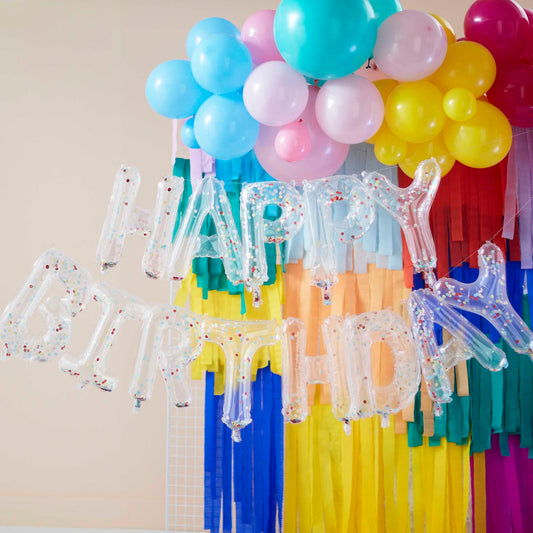 Happy birthday ballonnen tekst, doorzichtig met felle confetti