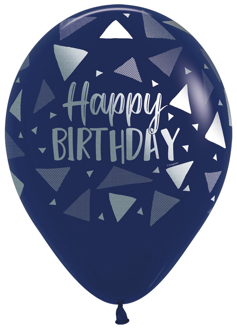 Bedrukte ballon: happy birthday navy driehoek
