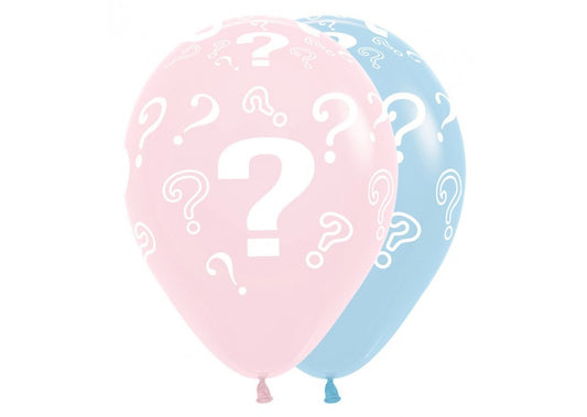Bedrukte ballon: vraagtekens, roze en blauw