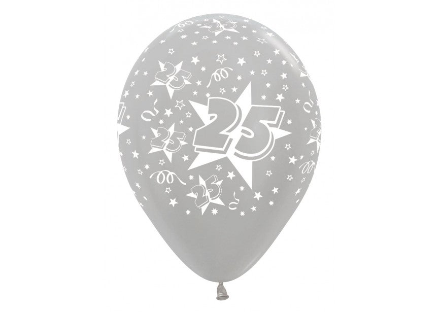 Bedrukte ballon: 25 met sterren bedrukking zilver