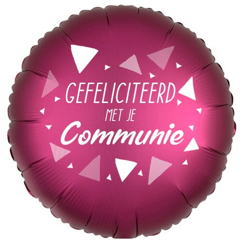 Folieballon: gefeliciteerd met je communie fuchsia driehoek